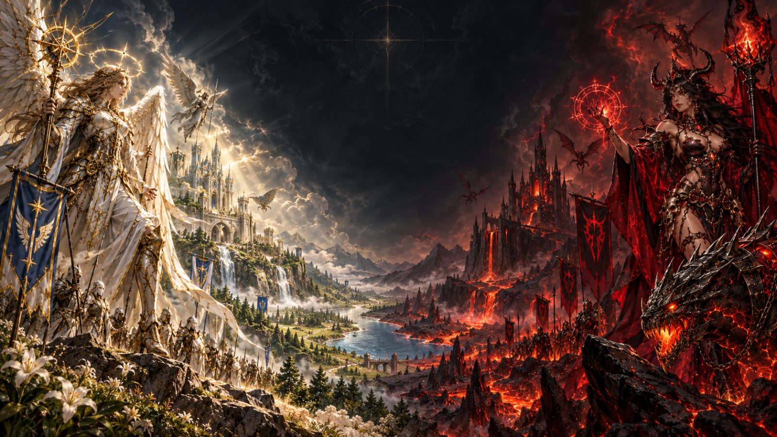 The Angelic and Infernal armies face off across a war-torn valley, an Angelic castle bathed in light on one side and an Infernal stronghold wreathed in fire on the other